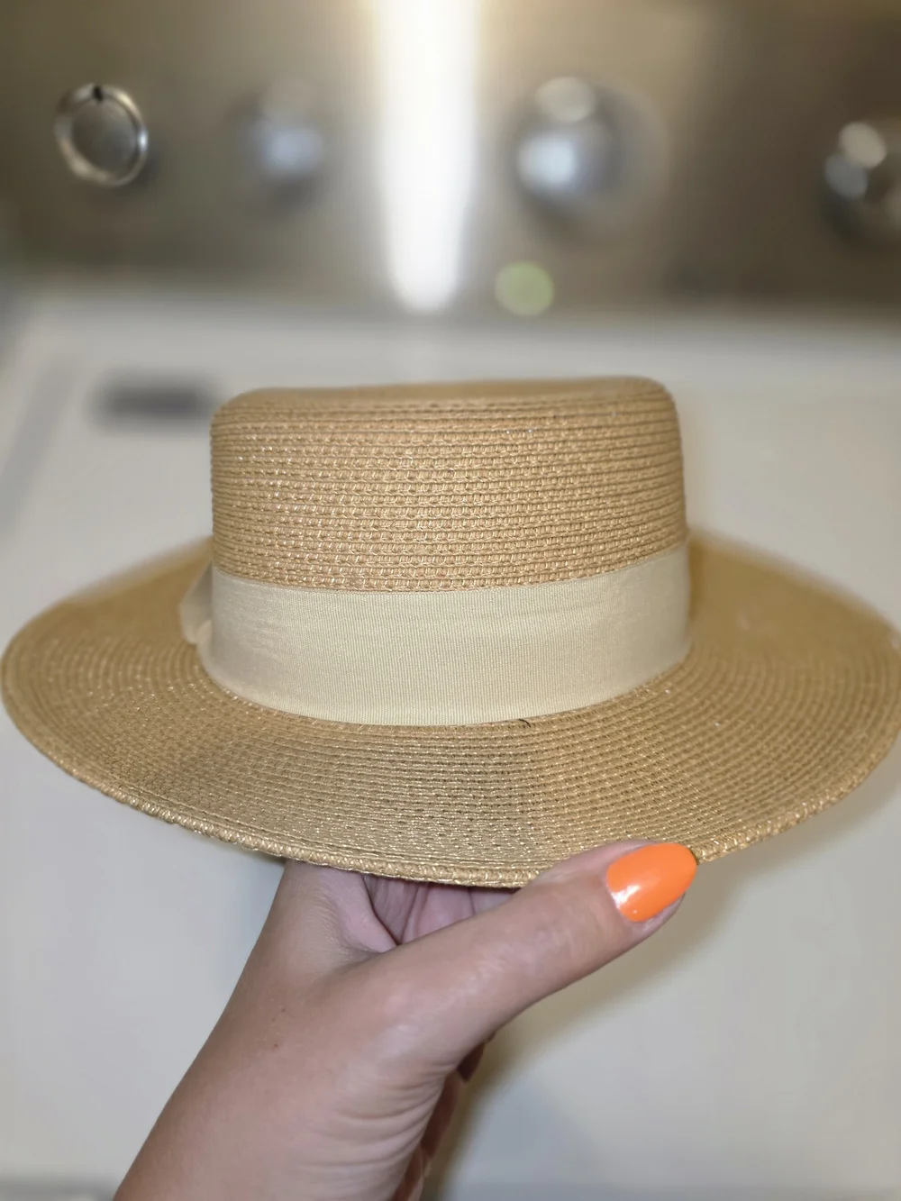 Women's Tan Straw Boater Hat with Cream Band